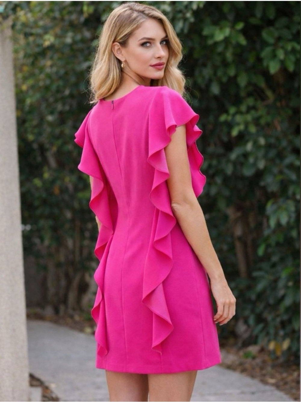 Escada ruffle pink shift sheath dress lollypop